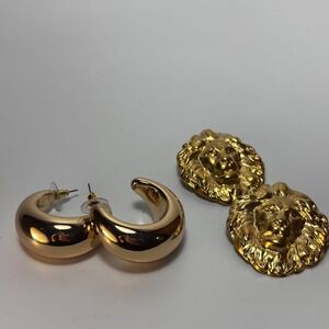 Lion Head Stud and Tapered Hoop Earring Set Gold Tone Statement Jewelry